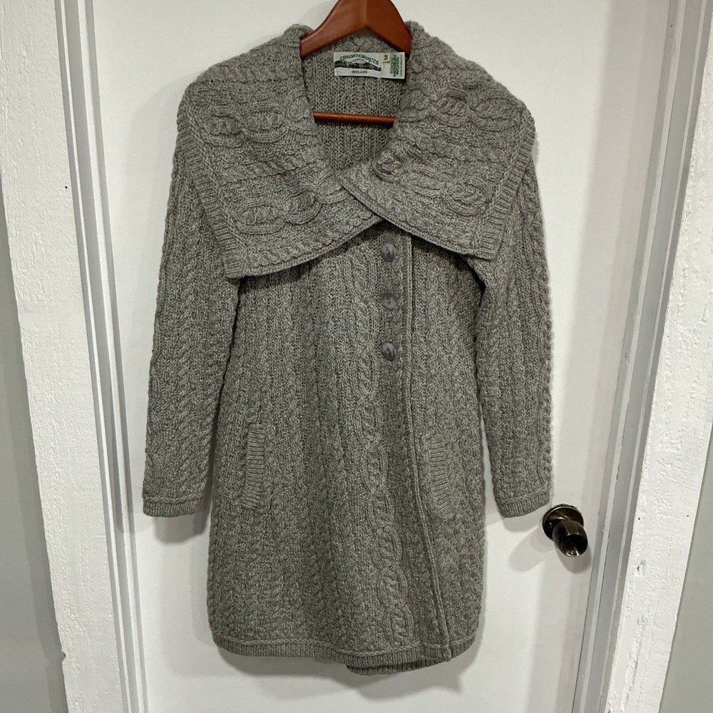Aran Crafts Gray Merino Wool Cable Knit Coatigan Long Sweater, Medium, Ireland